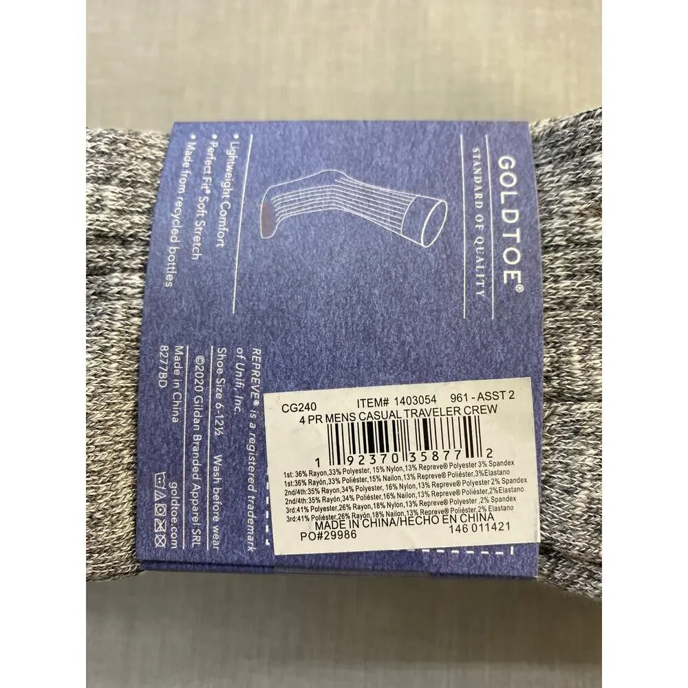 Goldtoe Socks 4 Pair Men's Shoe Size 6-12.5 Casual Traveler Crew NWT Grey Blue